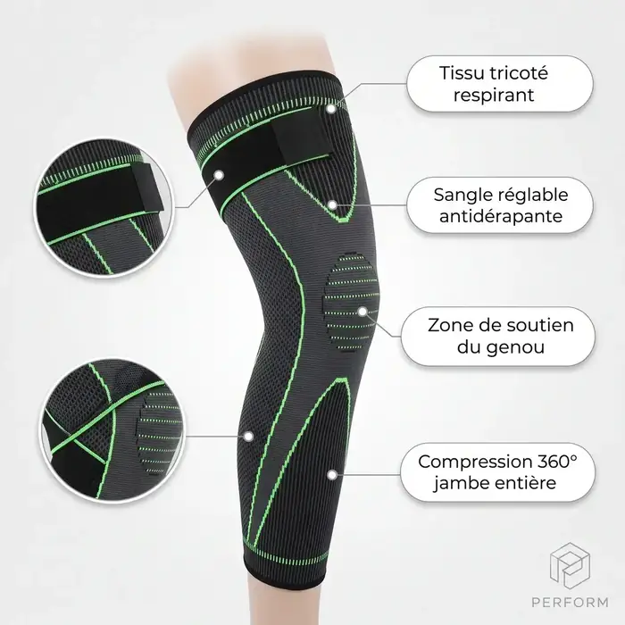 La genouillère couvre la cuisse, le genou et le mollet, avec sangle de maintien
